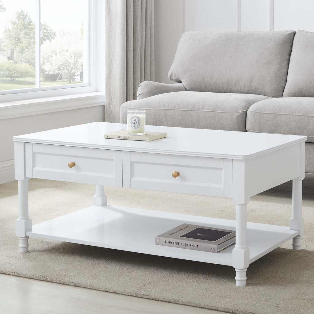 Table basse classique blanc chaud peinte avec tiroirs de rangement pour salon