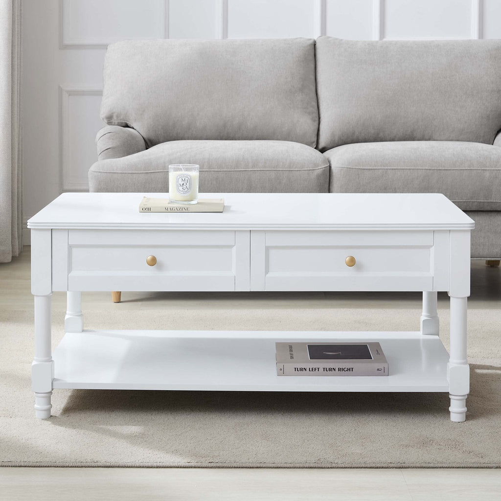 Table basse classique blanc chaud peinte avec tiroirs de rangement pour salon