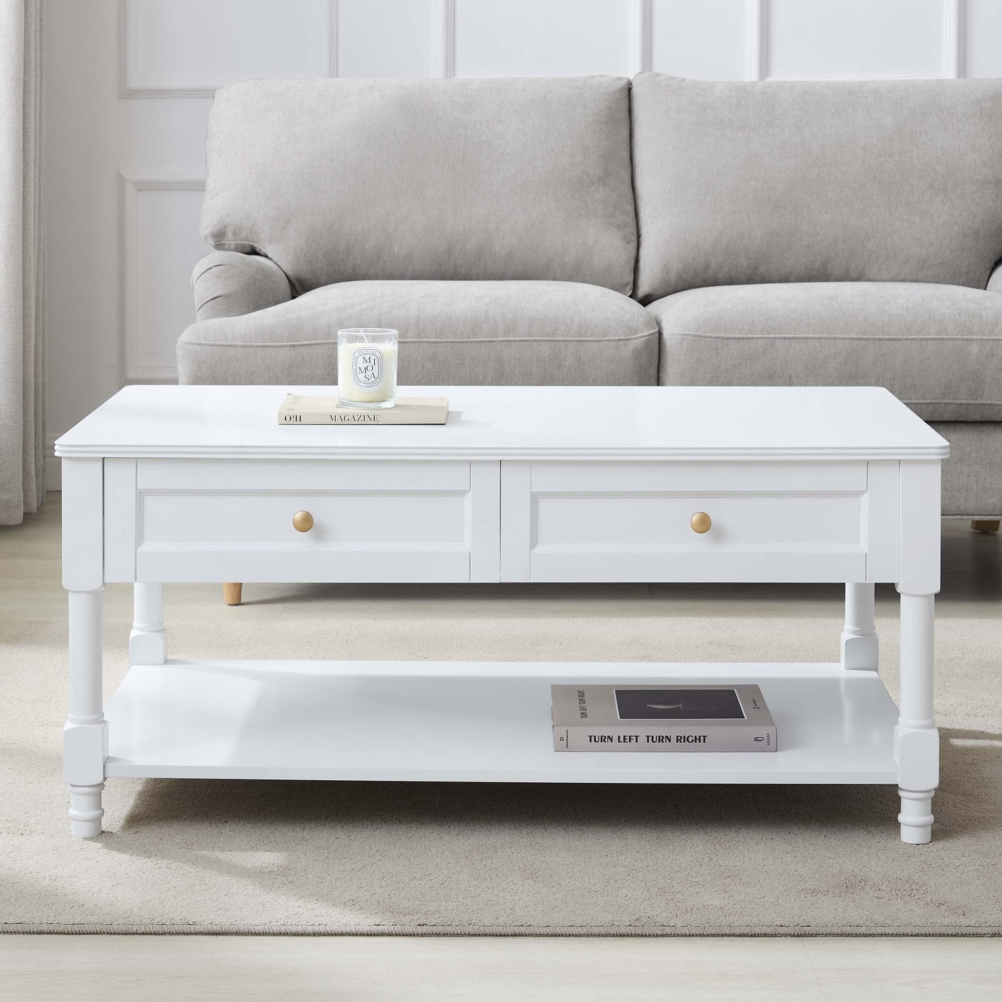 Table basse classique blanc chaud peinte avec tiroirs de rangement pour salon