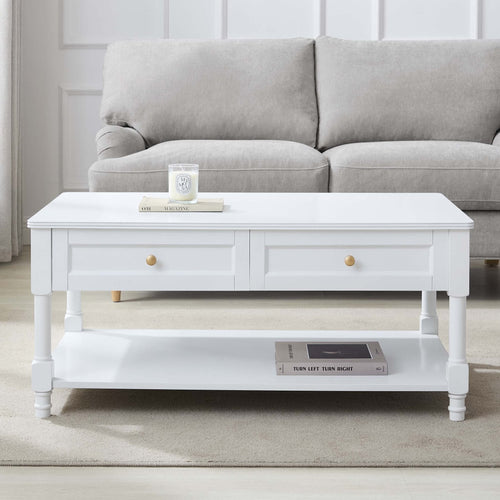 Table basse classique blanc chaud peinte avec tiroirs de rangement pour salon