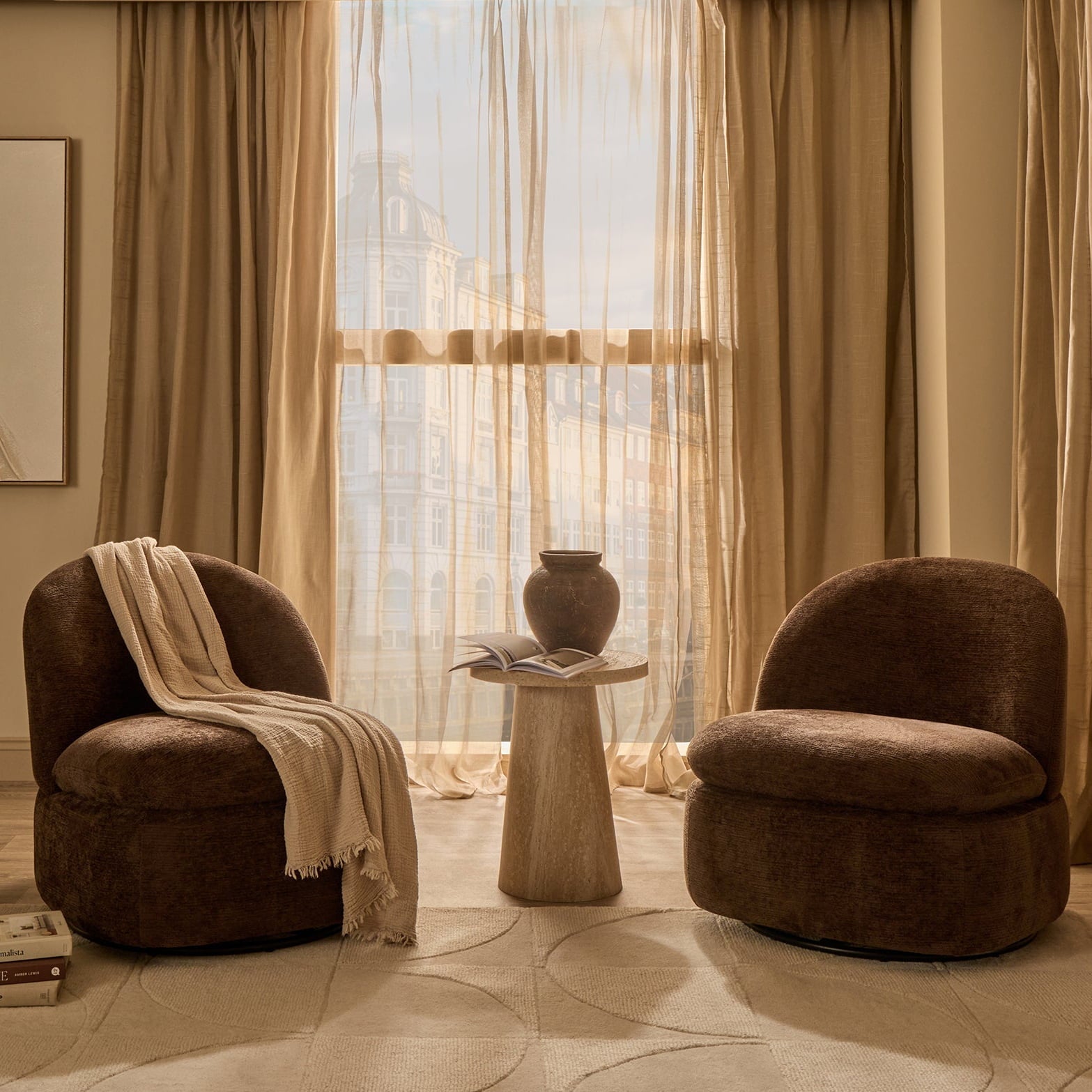 Fauteuil pivotant d'appoint moderne en tissu texturé cappuccino avec rotation à 360° pour le salon