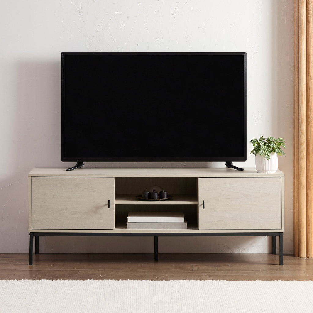Meuble TV en bois clair scandinave avec étagères ouvertes pour téléviseurs jusqu'à 60 pouces pour salon