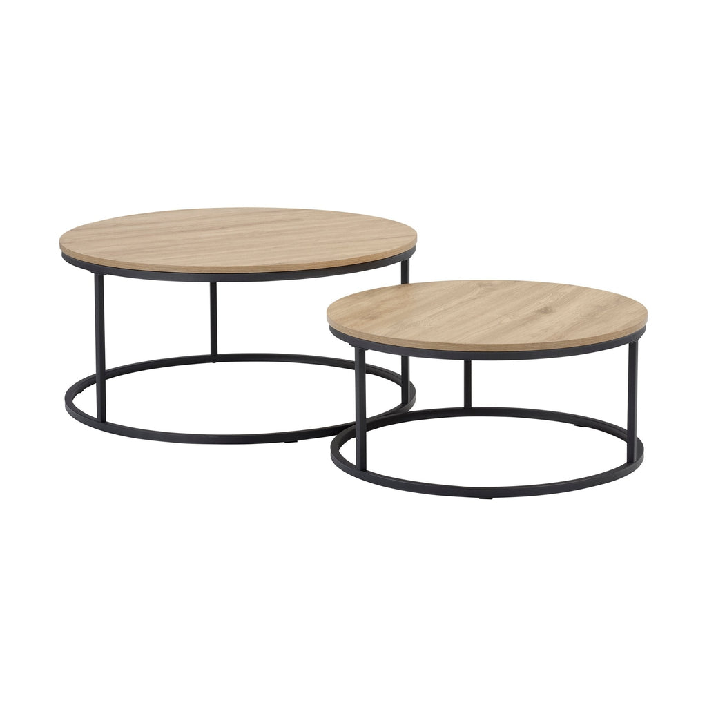 Table basse moderne effet bois naturel avec pieds en métal noir pour salon
