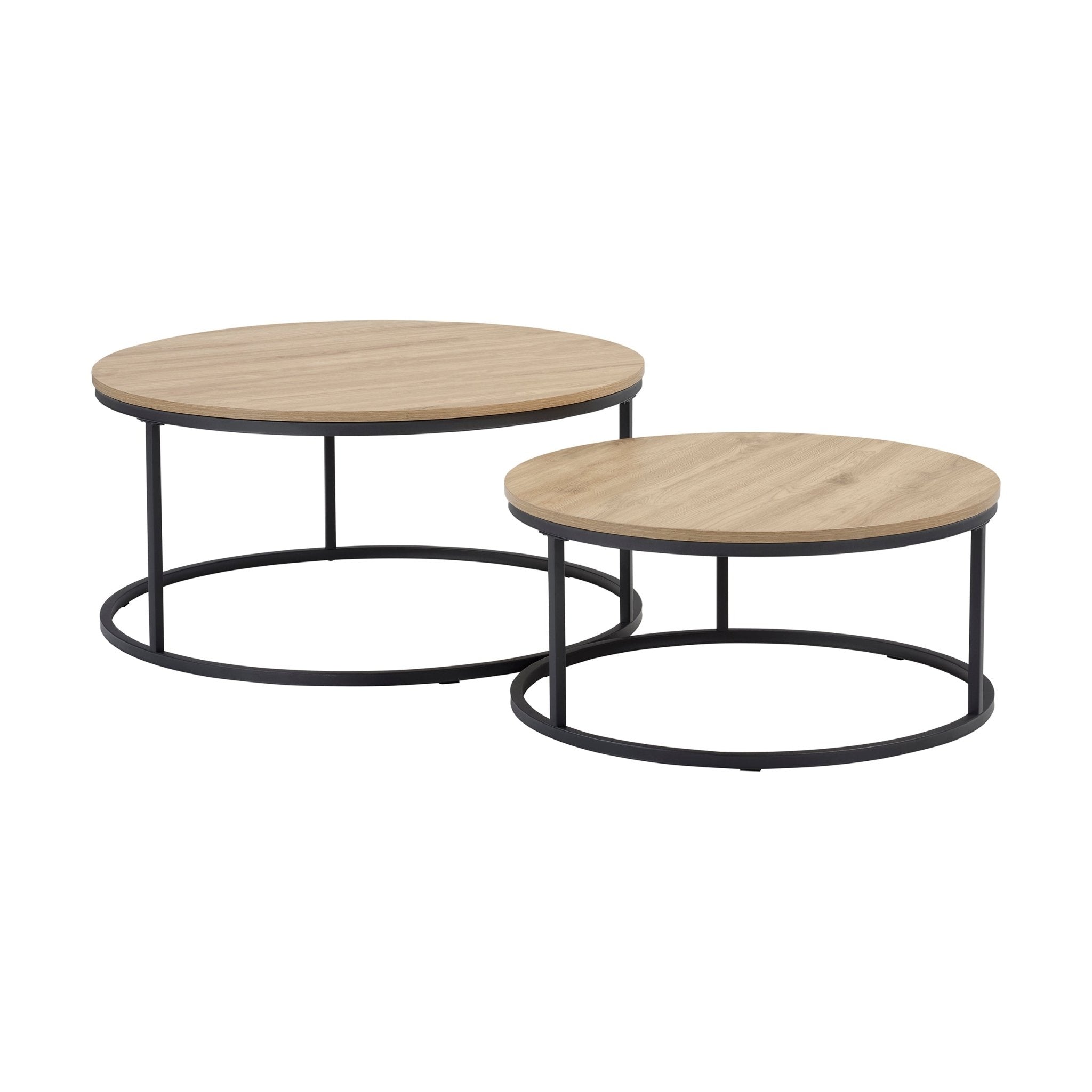 Table basse moderne effet bois naturel avec pieds en métal noir pour salon