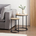 Table d'appoint moderne effet bois naturel avec pieds en métal noir pour salon
